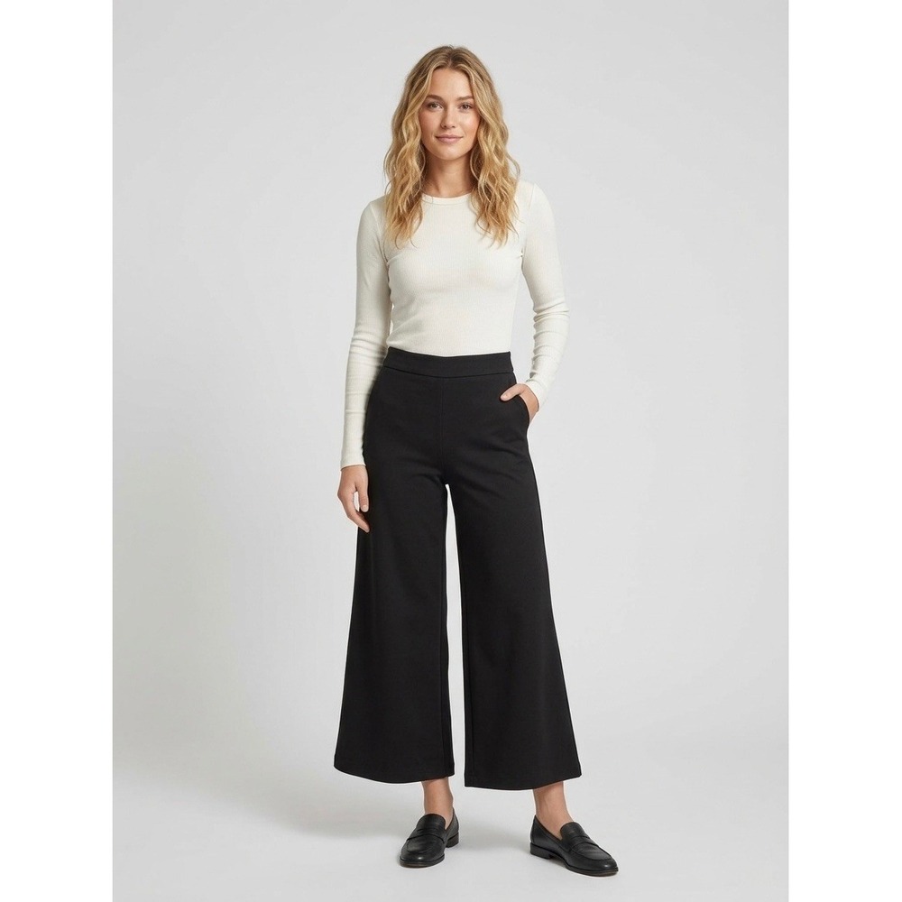 ForMe Black Wide Leg Cropped Trousers Culottes Elastic Waist Pockets Medium
